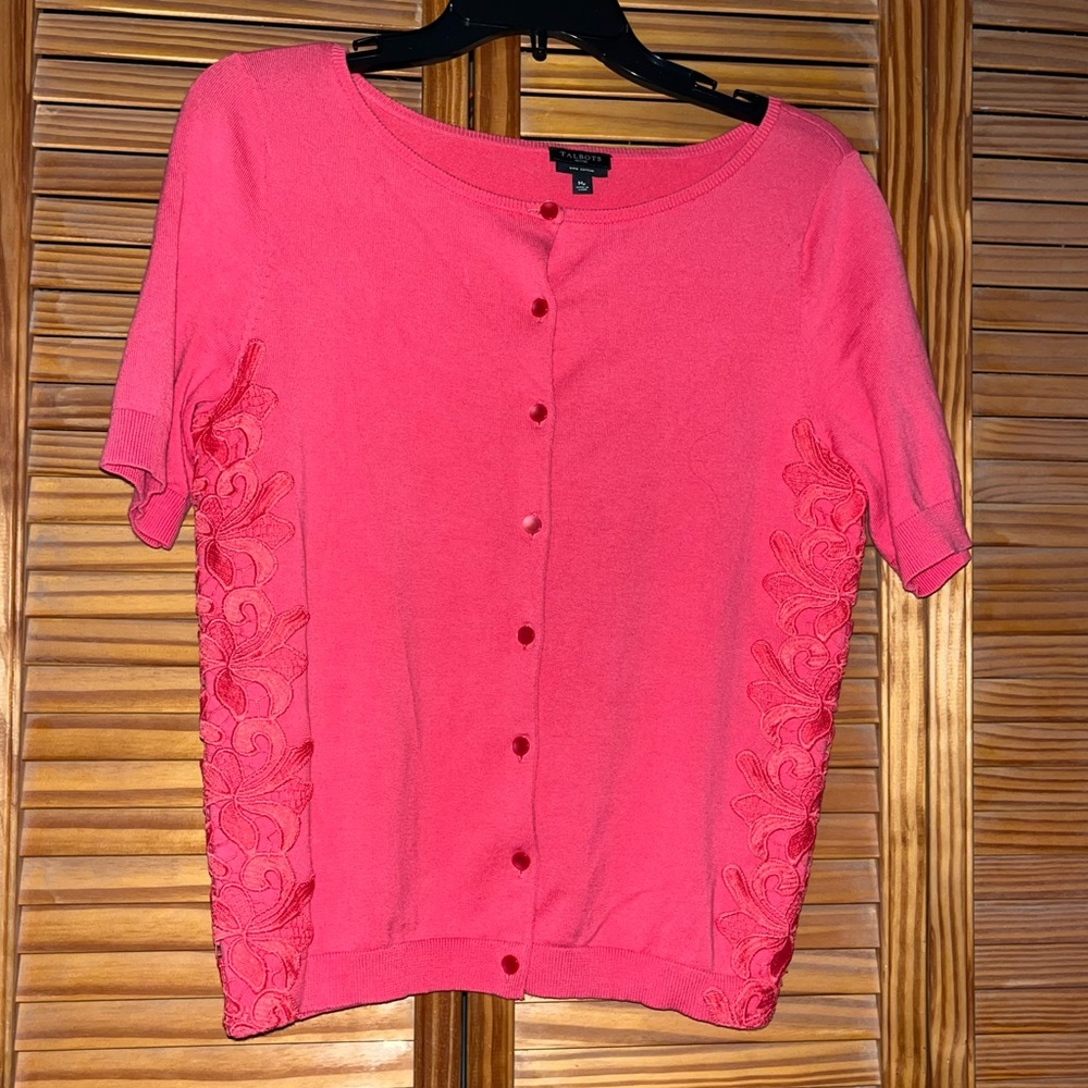 Talbots Medium Petite Short Sleeve Lace Appliqué Button Front Cardigan NWOT
